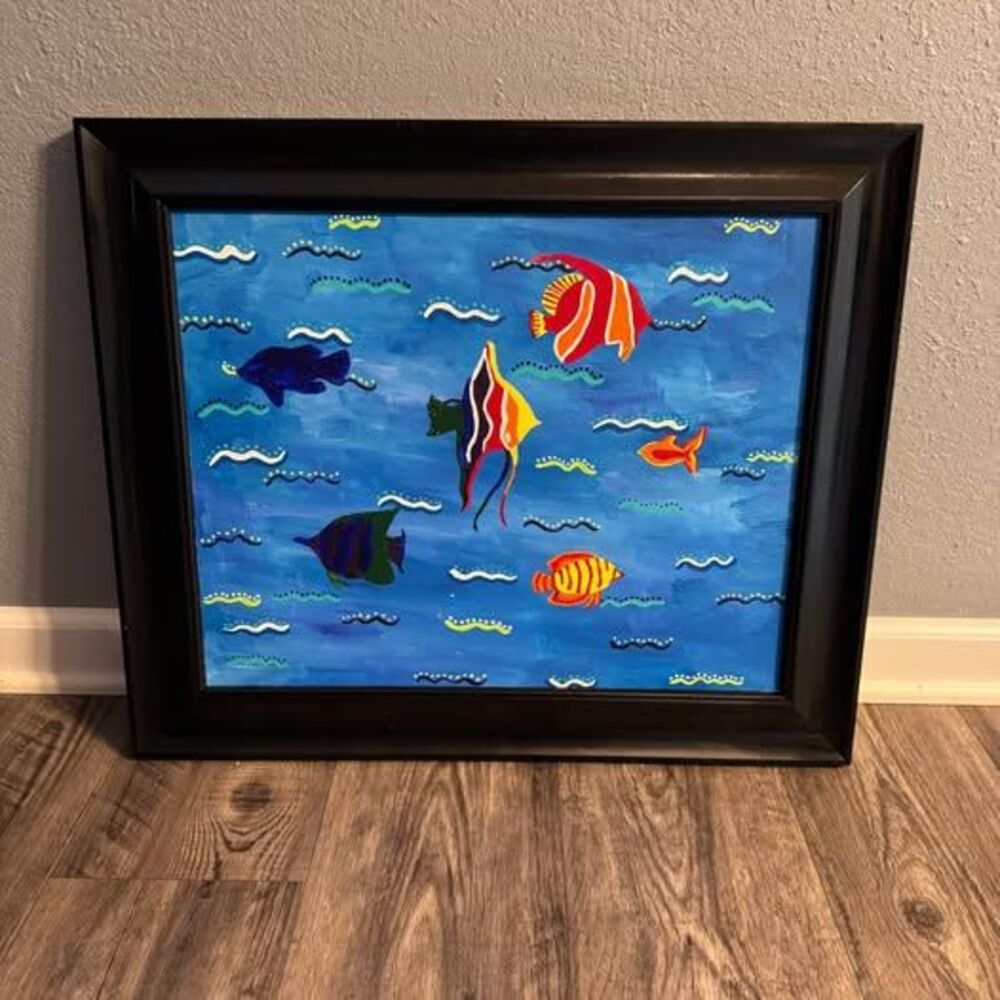 Colorful Framed Fish Painting 25x21